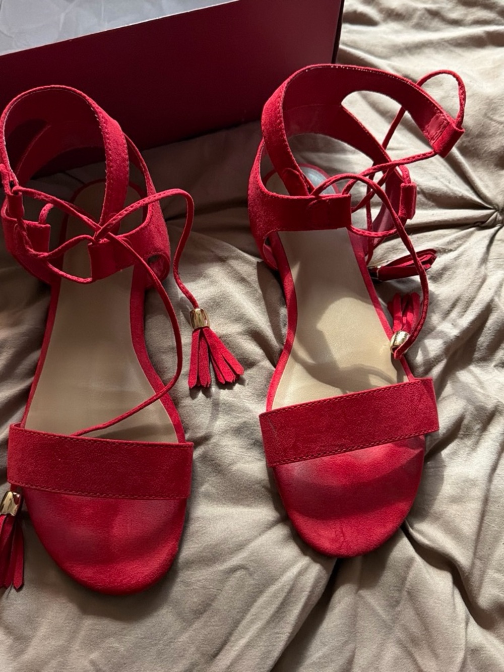 Red Lace-Up Tassel Sandals - Women